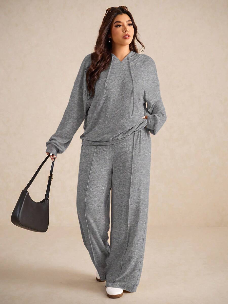 Elaquor Plus Size Solid Color Hooded Neck Long Sleeve Top And Pants Casual 2 Pieces Set Fall - Grey - View 1