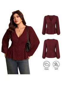 Elaquor Plus Size Women Polka Dot & Contrast Lace V-Neck Blouse Fall - Red - View 8