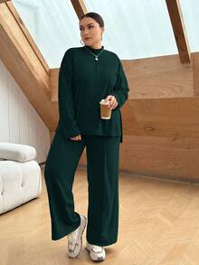 SHEIN Essnce Plus Size Casual Solid Color Side Slit Top And Pants 2 Pieces Set, Autumn Fall - Dark Green - View 3
