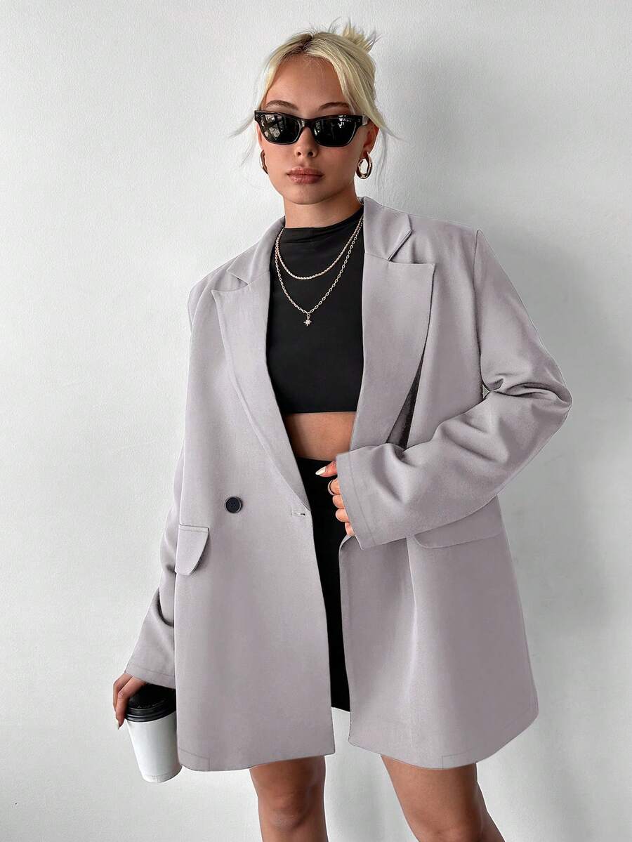 Ritzy Row Women's Casual Oversized Padded Shoulder Mid-Length Double-Breasted Blazer - Grey - View 1