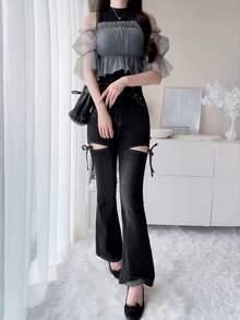 FRIFUL Women's Summer New Contrast Color Sheer Mesh Fabric Ruched Ruffle Bow 2 Pieces Set Lounge Sets For Women Vacation - Black - View 2