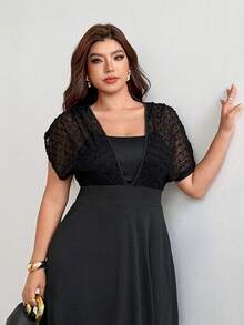 Modelyn Elegant Solid Color Patchwork Knit Jacquard Sleeveless A-Line Regular Fit Plus Size Dress For Spring And Summer - Black - View 7
