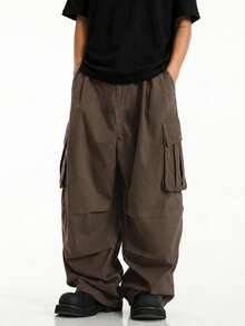 ÉpureWay Men Flap Pocket Side Drawstring Waist Oversize Cargo Pants, Fall Wide Leg - Chocolate Brown - View 3