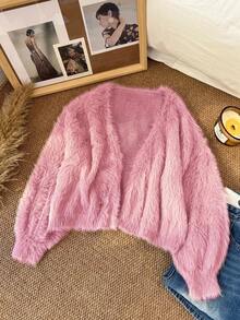 CosyJoli Plus Size Women's Sweater Off Shoulder Plush Cropped Cardigan In Fall/Winter - Dusty Pink - View 4