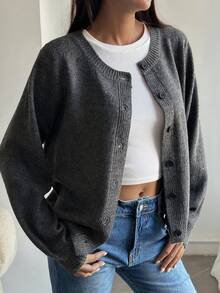 DAZY Cardigan Rajut Wanita Warna Polos Longgar Leher Bulat Lengan Panjang Kasual Streetwear untuk Liburan Musim Semi Musim Gugur - Grey - View 4