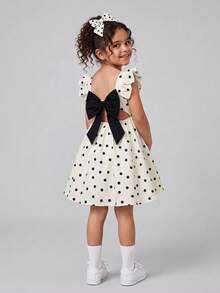 SHEIN LMoss Kids 女童編織波點方領荷葉邊露背蝴蝶結休閒洋裝 - 杏色 - 查看 4