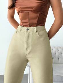 EURMUSE Solid Cropped Mom Fit Jeans - Beige - View 3