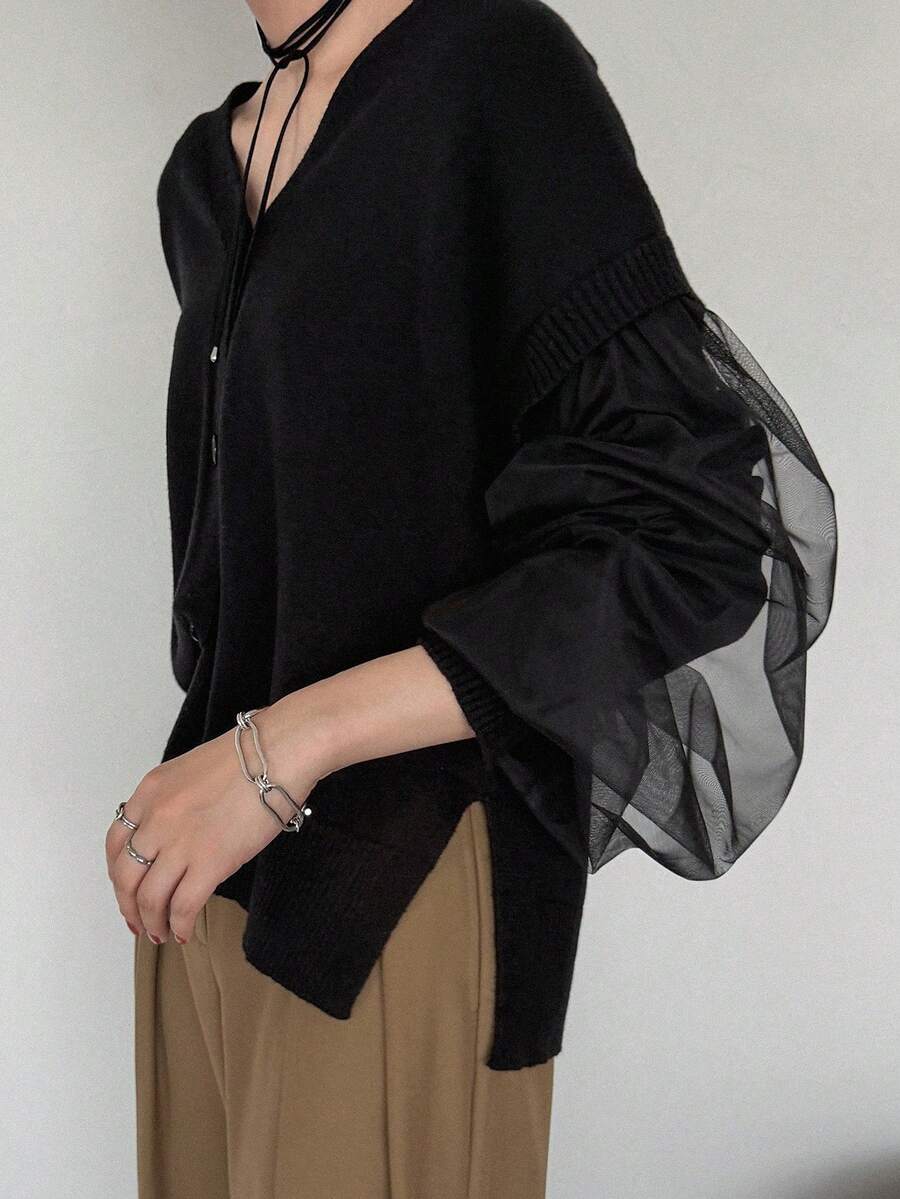 FRIFUL Cardigan Wanita Model Korea Baru untuk Awal Musim Gugur, Motif Patchwork, Bagian Bawah Berbahan Jala Transparan dengan Belahan di Bagian Depan. - Hitam - View 1