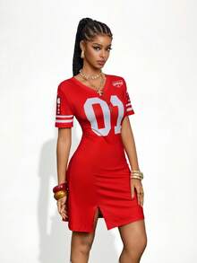 Gowayae Gowayae Vestido corto de mujer con cuello en V y mangas cortas con abertura - Rojo - Ver 4