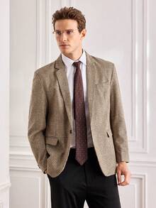 Officeau Fashionable Vintage Houndstooth Tweed Blazer, Men's Single-Breasted Elegant Jacket, Suitable For Parties And Daily Wear - Khaki - View 4
