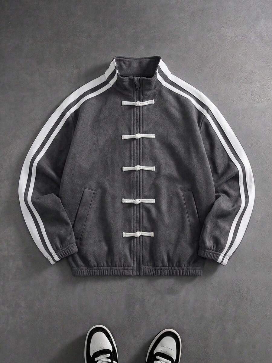 SHEIN Tween Boy Casual Sports Colorblock Striped Frog Button Jacket, Suitable For Autumn/Winter