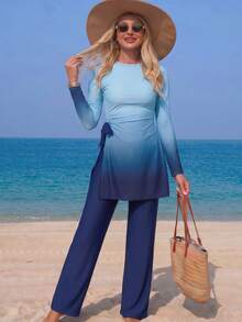Swim Mulvari Conjunto de dos piezas suelto con degradado azul, pantalones de pierna ancha con diseño degradado, atuendo favorecedor y estilizante - Multicolor - Ver 5