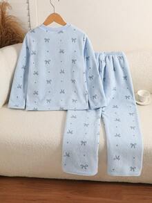 Girls 2pcs Set Round Neck Long Sleeve Long Pants Light Blue Fleece Bow Polka Dot Pattern Simple Cute Casual Soft Sweet Indoor Pajamas Autumn Home - Baby Blue - View 2