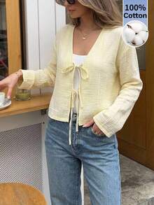 Serisse Women's Versatile Solid Color Textured Fall Business Casual 100% Cotton Tie Front Elegant Open Front Cardigan Work Blouse,Basic Long Sleeve Shirt - Light Yellow - View 4