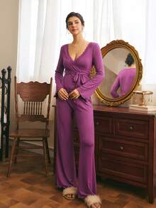 Côtesoire French Elegant Romantic Charm Lace Patchwork Asymmetric V-Neck Comfortable Knit Women's Pajama Set - Purple - View 2