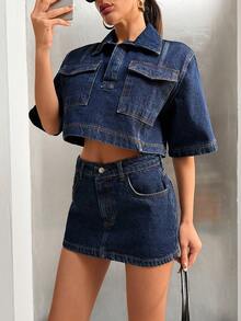 SHEIN Tall Casual Style Dark Blue Wash Regular Fit Front Crop Shirt And Mini Skirt Two Pieces Denim Set - Dark Wash - View 4