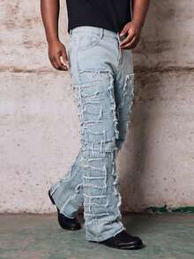 Skyrend Men's Plus Size Solid Black Creative Tassel Denim Pants, Emo Style Gothic Punk Streetwear For Emo Boy Fall/Autumn/Winter Grunge - Medium Wash - View 4