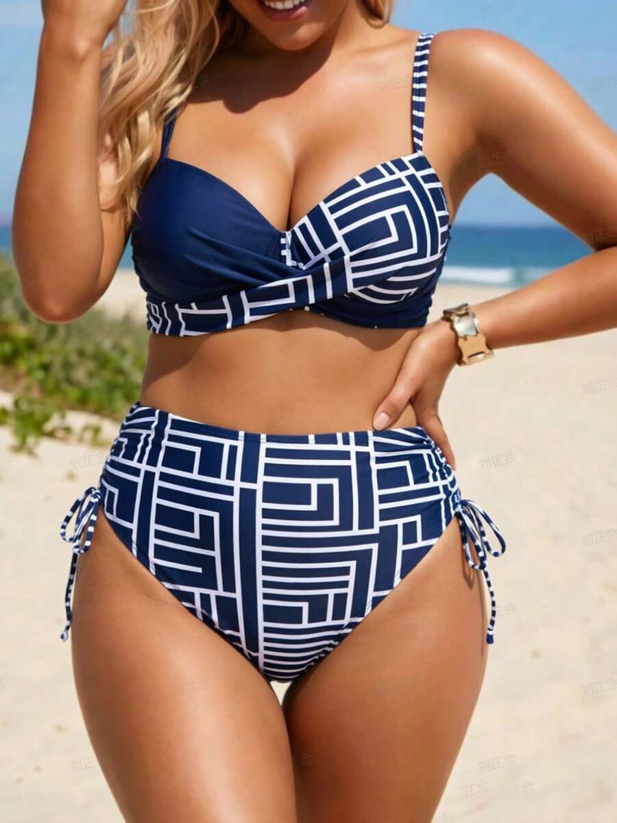 Swim Lushoire Plus Size Women's Summer Beach Geometric Print Spaghetti Strap Sexy Bikini And Triangle Bottom Two-Piece Swimwear Set - Multicolor - View 1