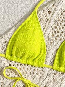 Vaytide New Spring/Summer Textured Fabric Glow-In-The-Dark Neon Yellow Side Tie High Cut Swimwear, Triangle Top Bikini Two Pieces Set For Beach Vacation - Yellow - View 8