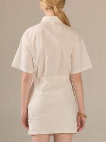 KÆRIA Hus Side Ruched Mini Shirt Dress - Cotton Comfort Stretch - Off-White - Office Brunch, Casual French Minimalist, Everyday Summer - White - View 3