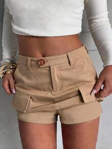 SHEIN PariChic Women's Spring/Summer New Khaki Real Pocket Skort Shorts, Fitted Waist, Bodycon, Commuter Elegant Sexy Hot Girl Casual Daily Wear, College Style Design, Solid Color Mini Skirt Skort - Khaki - View 3