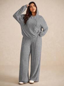 Elaquor Plus Size Solid Color Hooded Neck Long Sleeve Top And Pants Casual 2 Pieces Set Fall - Grey - View 4