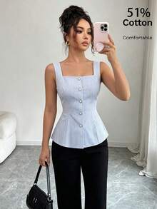 SHEIN Women's Spring/Summer New Blue & White Striped Pure Cotton Sleeveless Square Neck Slim Fit Single-Breasted Casual Top, Commute Daily Versatile Elegant Style, Minimalist European & American Style Camisole - Blue and White - View 3