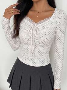 Dazy Tall Tall Women's Casual Polka Dot & Lace Patchwork Long Sleeve T-Shirt Spring - Black and White - View 5