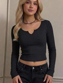SHEIN 3pcs/Set Teen Girl Solid Color V-Neck Long Sleeve Casual T-Shirt Set - Multicolor - View 6