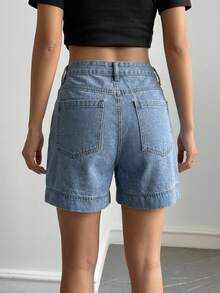 Livesso Women's High-Waist Blue Solid Color Washed Cotton Casual Loose Button Straight Leg Cuffed Denim Shorts, Summer & Autumn - Blue - View 2