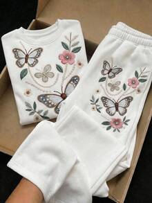 SHEIN Tween Girl 花卉 T-shirt 波西米亞野花上衣 植物圖案衛衣與長褲 2 件套 - 白色 - 查看 5