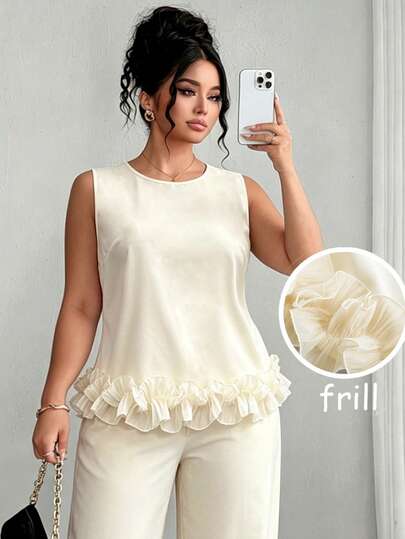 Elenzga Plus Size Women's Elegant Apricot Double Layer Ruffle Trim Sleeveless Tank Top And Casual Wide Leg Pants Set, Suitable For Spring/Summer Outings And Dates, Apricot Wide Leg Long Pants, Women's Outing Long Pants, Women's Elegant Two Pieces Set, Women's Summer Casual Two Pieces Set, Women's Summer Vacation Two Pieces Set, Apricot Two Pieces Set