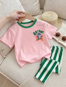 Baby Girl Casual Minimalist Cute Cartoon Blue Rabbit Lulu & Stitch Pattern, Striped, Round Neck Loose Short Sleeve T-Shirt & Leggings Set, Suitable For Spring/Summer, Kawaii, Graphic, Cozy, Vacation Style, Dopamine Color, Looks Of Party - White - View 2