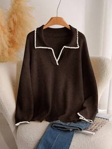CosyJoli Plus Size Casual Brown Color Block Trim V-Neck Pullover Sweater/Winter - Brown - View 6