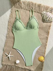 Swim Mod Nuevo Traje de baño de una pieza con volantes y tirantes a rayas azul y blanco para mujer, verano - Verde - Ver 1