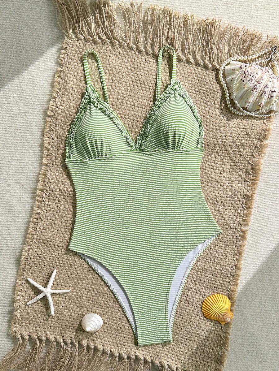 Swim Mod Nuevo Traje de baño de una pieza con volantes y tirantes a rayas azul y blanco para mujer, verano - Verde - Ver 1