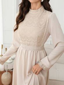 Al Najma Women's Elegant Lace Patchwork Arabian Dress - Khaki - View 1
