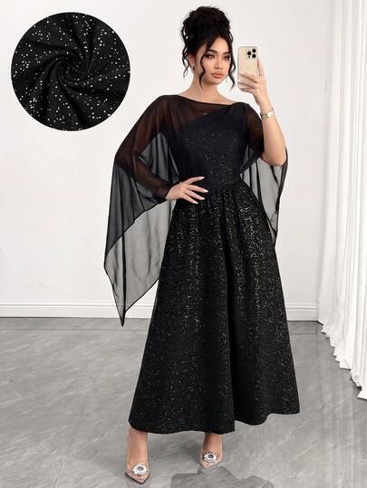 Elenzga Chiffon Cape 2-Way Wear Asymmetric Shoulder Silver Foil Party Maxi Dress