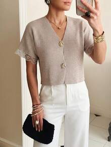 Firerie Minimalist French Elegant Fashionable Office High Tea Cafe Commute Deep V-Neck Lace Patchwork Short Sleeve Slim Fit Buttoned Beige Autumn - Khaki - View 4