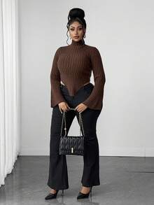 Maweii Sweater Pullover Wanita Ukuran Plus dengan Lengan Lonceng Bertekstur dan Bergaris, Potongan Pas Badan, dan Hem Melengkung - Coffee Brown - View 6