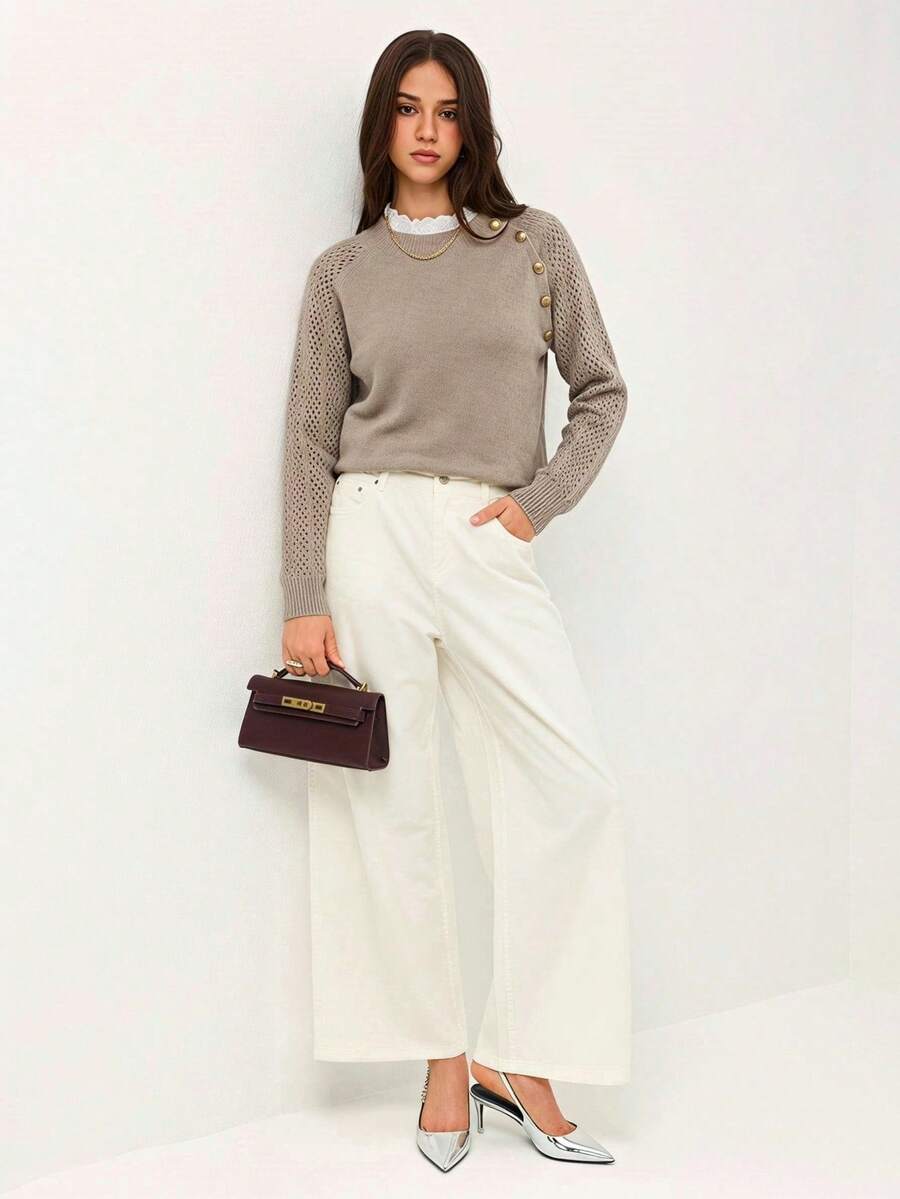 SHEIN Orluneo 全新花卉装饰圆领宽松休闲女式毛衣 - 卡其色 - 查看 1