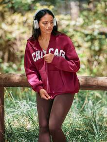 Voyena Women's Plus Size Letter Print Hooded Sweatshirt - Burgundy - View 7
