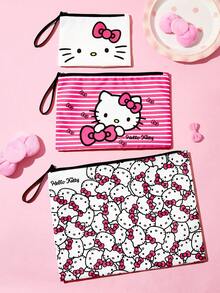 HELLO KITTY AND FRIENDS | SHEIN 可愛貓咪印花化妝包套組，多尺寸與大容量，適用於化妝品/小物品/電子產品，可單獨購買或套組，附拉鍊 - 粉黑白 - 查看 2