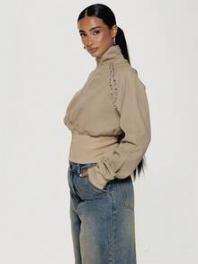 MUSERA Studded Funnel Neck Cropped Jacket With Cinched Ribbed Waist Boho, Sexy, Autumn, Festival, Girly, Studs & Suede - Khaki - View 4
