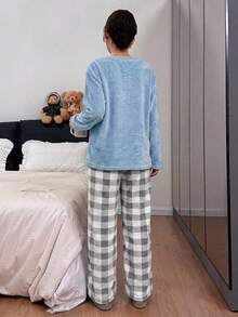 DAZY Autumn/Winter Flannel Solid Color Loose Long Sleeve Top & Plaid Long Pants 2-Piece Women's Pajama Set - Blue - View 2