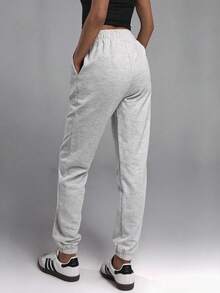 Cotton Elastic Waist Drawstring Solid Color Casual Sweatpants - Light Grey - View 2