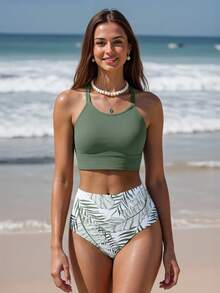 Swim Lushoire Women's Tropical Plant Printed Halter Tankini Swimsuit Set For Summer Beach - Green - View 5
