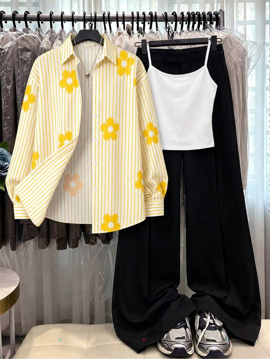 SHEIN 青少年女孩日常通勤溫柔清新優雅春夏黃色碎花輕便襯衫搭配百搭白色吊帶背心與黑色直筒寬腿長褲3件套,適合日常通勤、旅行與購物 - 彩色 - 查看 1