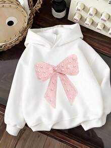 Tween Girl Bow Pattern Casual Daily Wear Hooded Sweatshirt - White - View 6