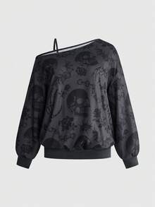 ROMWE Goth 萬聖節深黑色貓咪神秘大尺碼女款不對稱肩寬鬆衛衣 - 深灰色 - 查看 1